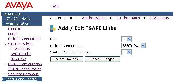 2. From the CTI OAM menu, select Administration CTI Link Admin TSAPI Links. Click on Add Link.