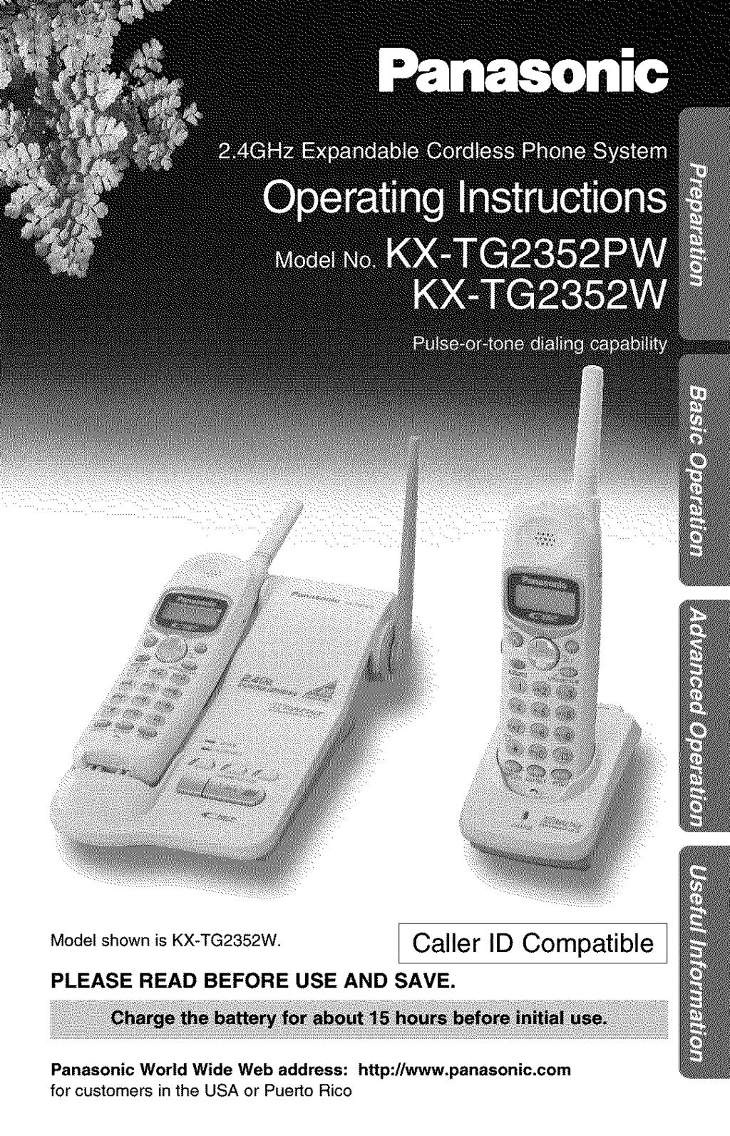 Model shown is KX-TG2352W. [ Caller ID Compatible [ PLEASE READ BEFORE USE AND SAVE.