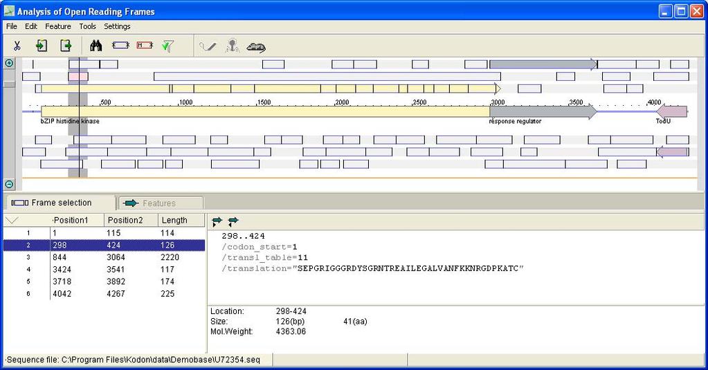 19 3. Molecular Analysis 3.1 Frame analysis In Kodon it is possible to analyze a sequence to find open reading frames (ORF). 3.1.1 Double-click on the entry U72354 in the Demobase. 3.1.2 Select Tools > Open Reading Frame analysis or press.