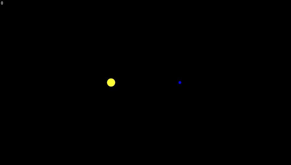 5 main: return G/ loc2 loc1 **2 Disc earth = {r = 1, color=blue} Disc sun = {r = 3, color=yellow, fixed="true"} $background_color = black sun.loc = (0,0) earth.loc = (10,0) earth.