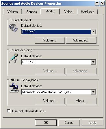 4. Click the Audio tab. Select the USBPre 2 from the Default device dropdown menu in the Sound playback section.