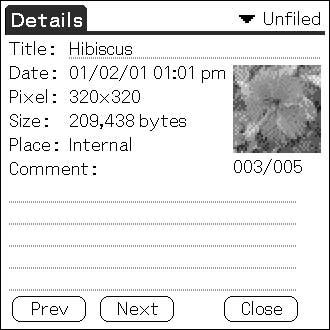 Viewing image files stored in your CLIÉ handheld Viewing detailed information for the image file Tap (detailed) while the image file is displayed. Detailed information for the image file appears.
