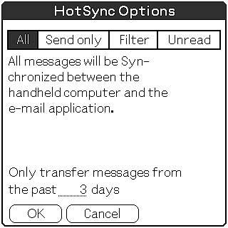 Transferring e-mails from your computer Setting up your CLIÉ handheld for HotSync e-mail transfers When you select Synchronize the files in step 4 of Setting up your computer for HotSync e-mail