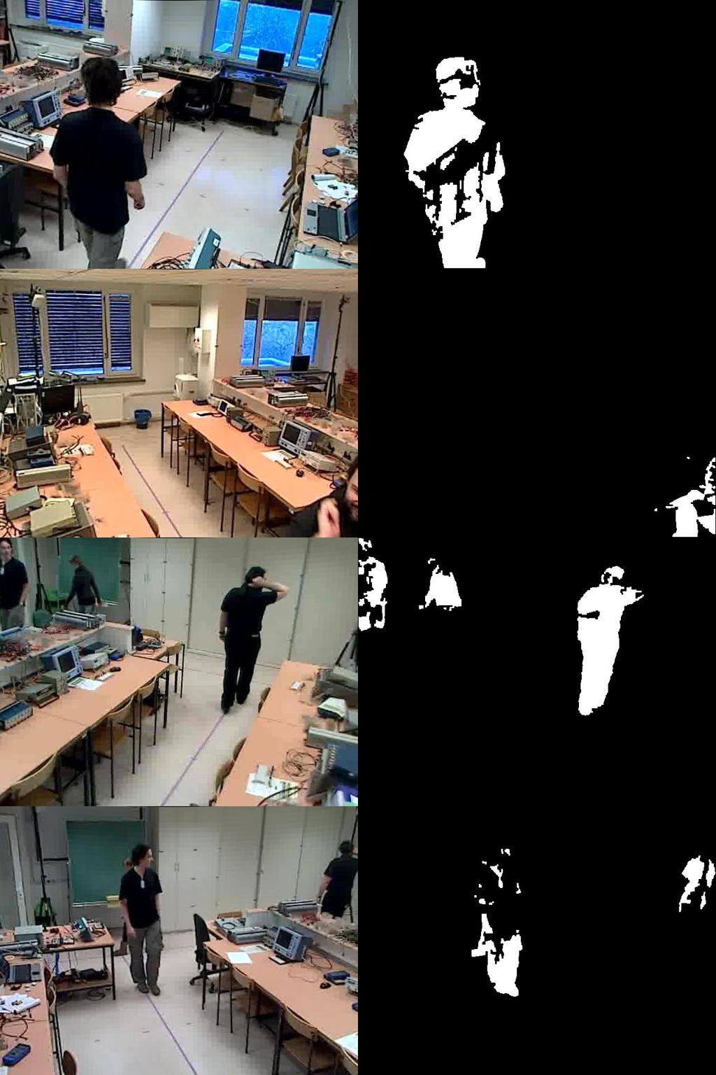 On the left, the video frames and the corresponding background subtraction results are shown.