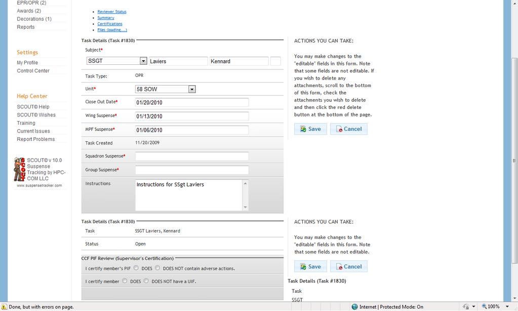 Fill in the blanks (See Figure 24). Click Save. Figure 24. EPR/OPR Input Form Page 1.