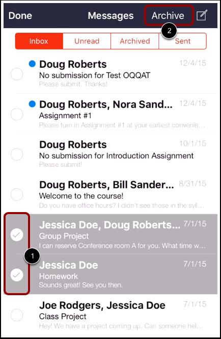 Archive Conversations Tap the messages you'd like to archive [1].