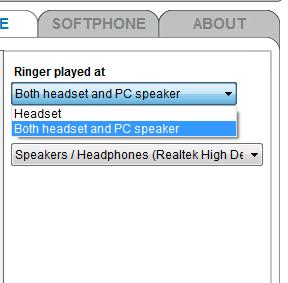 Settings - PHONE Ringer played at location You can choose whether the ringer will be played through. the headset earpiece, or both. the headset earpiece and. PC speaker. 1. Click the (Settings) panel.