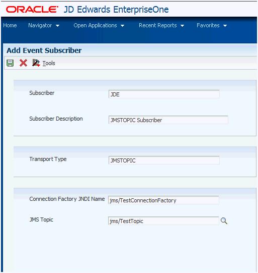 Working with Subscribers in JD Edwards EnterpriseOne Field Subscriber Subscriber Description Transport Type Connection Factory JNDI Description The Subscriber field must have a value matching valid