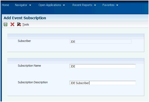 Working with Subscribers in JD Edwards EnterpriseOne 4. On Add Event Subscription, complete the Subscriber Name and Subscriber Description fields with any value.