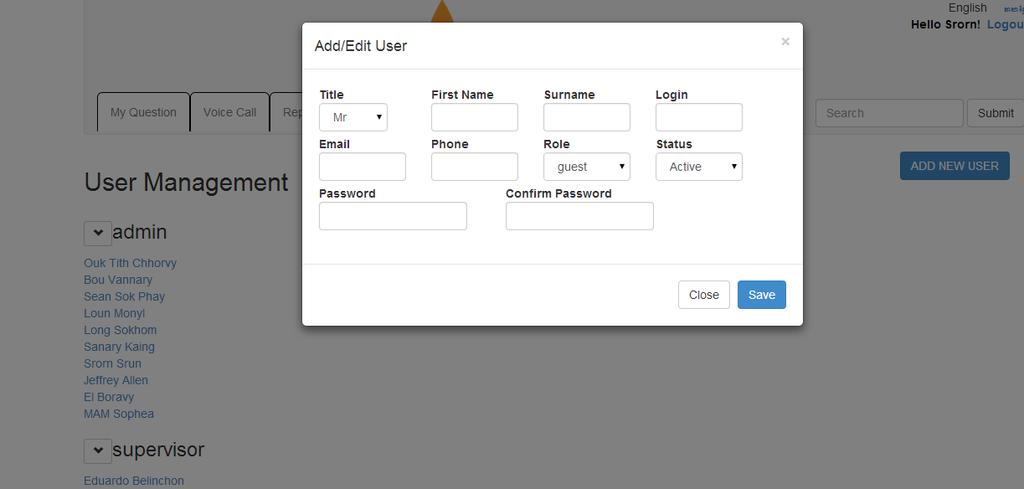 Figure 19: The user management screen When adding a new user or editing the details of an existing user, you must enter details for every box, and then press the Save button.