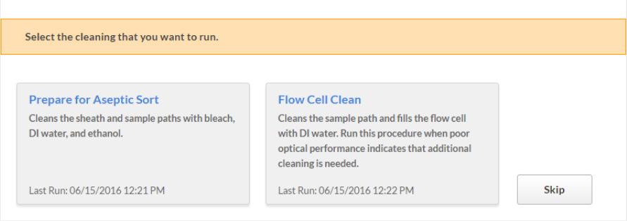 Cleaning Performing a flow cell clean is recommended at the end of the day. It is an optional step before sorting. Click Flow Cell Clean or Skip.