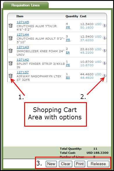 Managing the Shopping Cart The Shopping Cart displays the items ordered, a summary of item information and provides options for managing the Requisition (and Requisition Lines). 1.