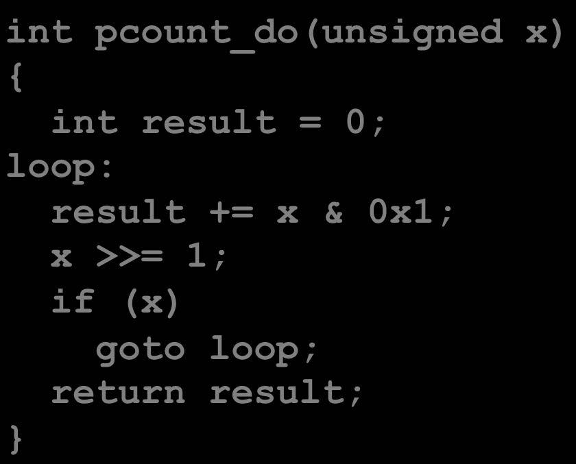 loop; return result; Count number of 1 s in argument x (