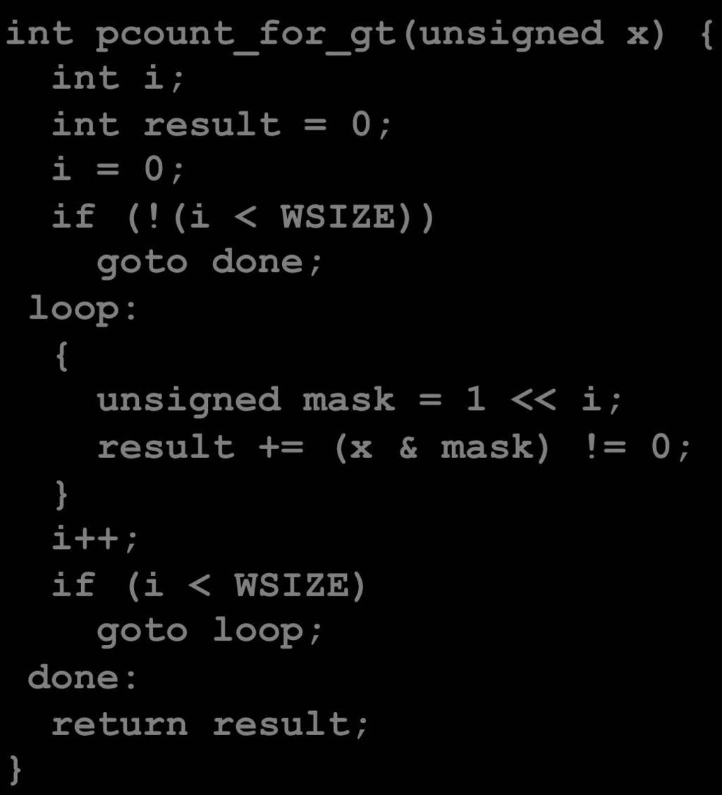 For Loop Conversion Example C Code #define WSIZE 8*sizeof(int) int pcount_for(unsigned x) { int i; int result = 0; for (i = 0; i < WSIZE; i++) { unsigned mask = 1 << i; result += (x & mask)!