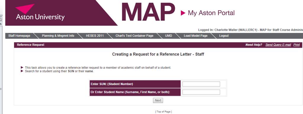 This allows a member of staff to request a reference letter on behalf of a student who no longer has access to MAP i.e. they have graduated but they would still like a reference letter.