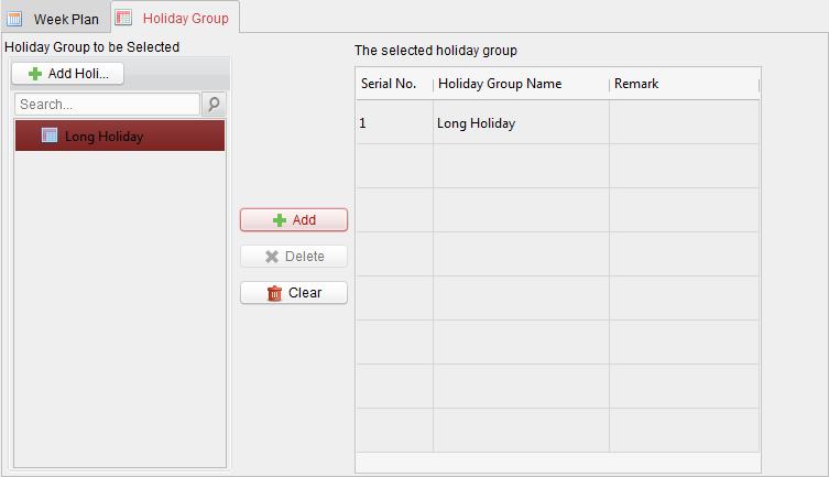 Note: Up to 4 holiday groups can be added. Click to select a holiday group in the list and click to add it to the template. You can also click Add Holiday Group to add a new one.