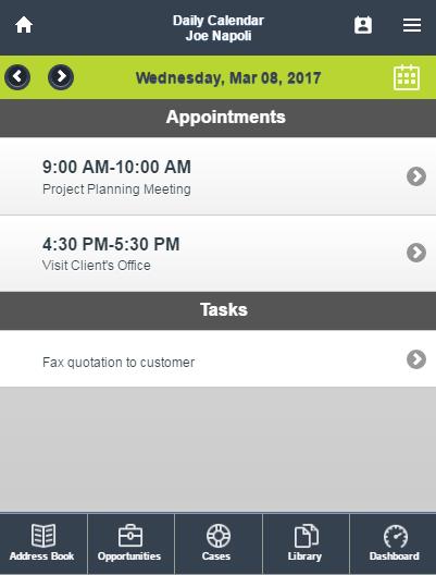 The selected user s Calendar is displayed. Press an appointment or a task in the screen will open the View Appointment or View Task screen.