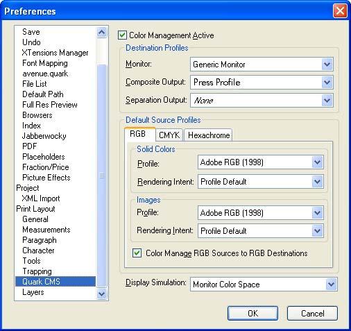4. Configure the color Preferences, Edit menu > Preferences > Quark CMS (left hand menu): Check the Color Management Active checkbox.