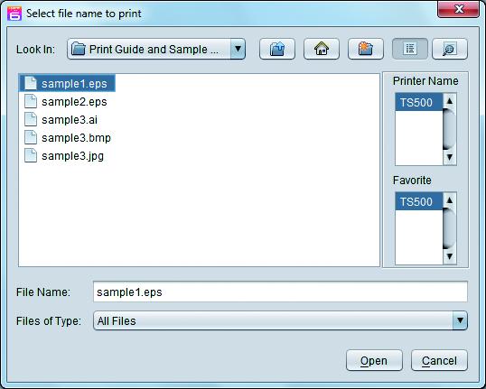 Set the CD of TS500 Operation Manual into the disk drive. Click [Print Guide / Sample data]. The Print Guide and Sample Data dialog is displayed.