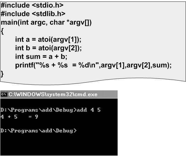 Input From the Command Line C's model of the command line of a sequence of words, typically separated by whitespace. A program with command arguments: int main(int argc, char *argv[]) {.