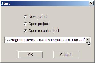 DataSite Flow Configuration Utility (DS FloConfig) 111 Open a Recent Project File Follow these steps to open a recent project. 1. In the Start dialog box, click Open Recent Project. 2.