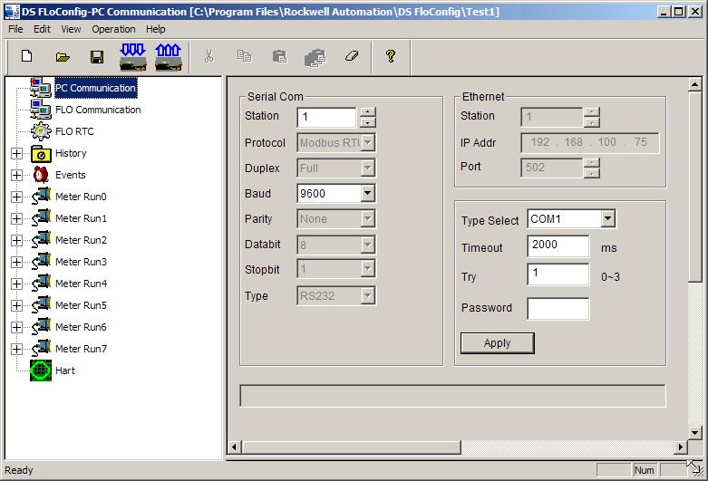 112 DataSite Flow Configuration Utility (DS FloConfig) Configure PC Communication Settings The DataSite controller can be connected to the PC via the serial port or the Ethernet (TCP/IP) port.
