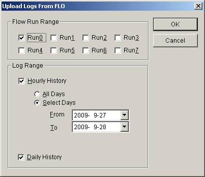 158 DataSite Flow Configuration Utility (DS FloConfig) The following dialog box appears. 3. Under Flow Run Range, select the meter run whose logs you want to view. 4.