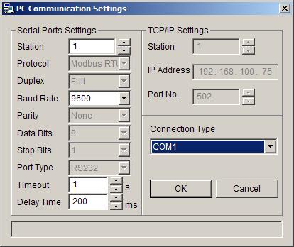 20 DataSite Configuration Settings Utility (DS Settings) 4. If you have chosen a COM port, set up the parameters for the serial port connection.