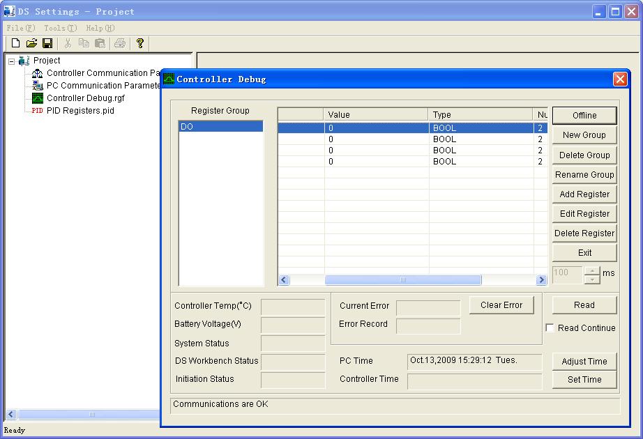 DataSite Configuration Settings Utility (DS Settings) 83 Debug the Controller Programs The Controller Debug function allows you to use test registers and retrieve data from the DataSite controller