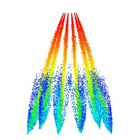 Figure 5a and 5b Six sprays from a traditional orifice configuration are shown at the left. On the right, the collision mesh at one moment in time is shown superimposed around the spray.