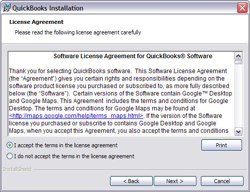 The next screen displays QuickBooks license