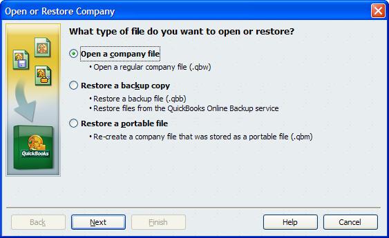 Select Open a company file as illustrated next and click Next. 5. You should see a list of company databases.