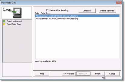 OPERATION 3. Select the desired data run from the M.O.L.E. memory list and then click the Finish command button to complete the wizard and read the data run from the M.O.L.E. Profiler.