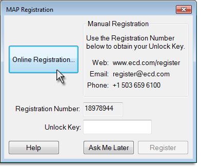 An Unlock Key can be obtained via an online registration form or using the contact information supplied on the dialog box, contact ECD. 2 1.