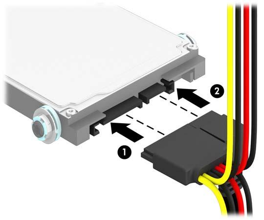 10. Connect the power cable (1) and data cable (2) to the back of the hard drive. NOTE: If the 2.