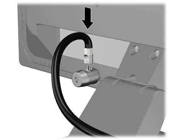 3. Slide the security cable through the hole in the cable lock on the rear of the monitor. 4.