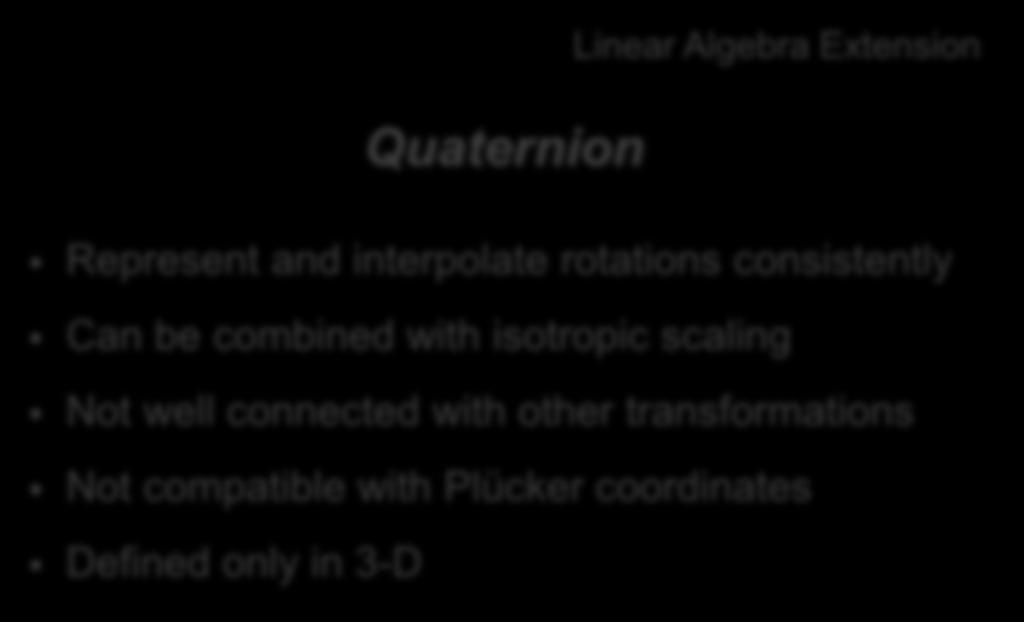 Can be combined with isotropic scaling Not well connected with other transformations Not compatible with Plücker coordinates Defined only in 3-D W. R.