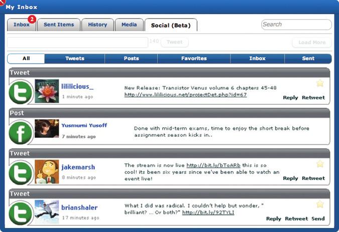 Social Inbox With Virtual Office Online social networking integration, you can view your Facebook contacts wall posts, your Twitter contacts tweets, direct messages to you from your Twitter followers