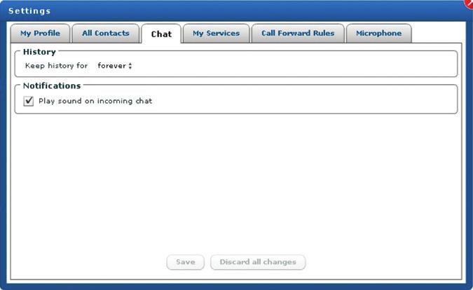 Chat Configuration The Chat tab allows you to configure your chat history and sound notification on your Virtual Office chats. Change the duration that your chat log is saved 1.