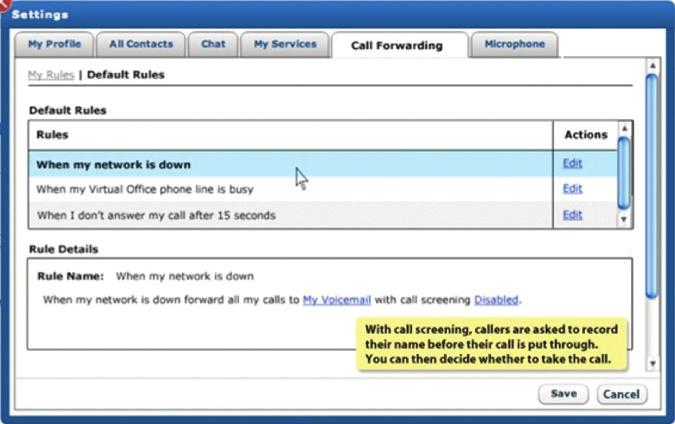 Default Rules Setting To access, click on Default Rules To: Change my call forwarding settings for when my office network is down Change my call forwarding settings for when I am on a call with my