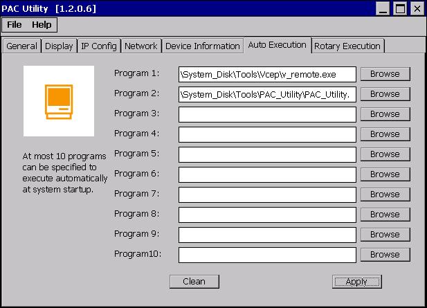 3.1.5. Property Tab Auto Execution The Auto Execution tab provides functions to configure programs running at IWSPAC startup, it allows users to configure ten execute files at most.