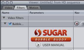 Another method to access the filters is as follows: you need to first select the video asset you want to affect and then go to the menu Effects > Video Filters > SUGARfx > Bubble Buddy.