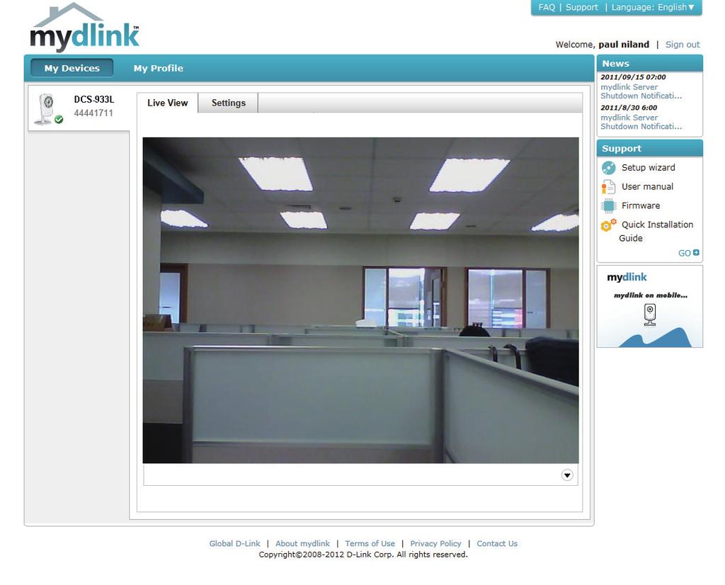 Section 2 - Installation Zero Configuration will navigate to the mydlink Live View tab for your camera where you will see a screen similar to the following.