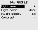 For each profile you can: - - - - Adjust light level Select white or red light color Invert the display Adjust the contrast The display settings also apply for the keys!