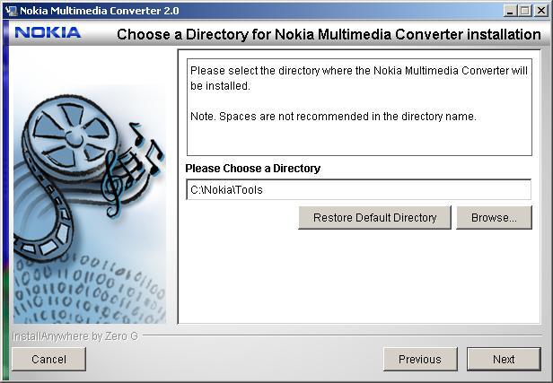 Choose a directory for Nokia Multimedia Converter 2.0 installation.