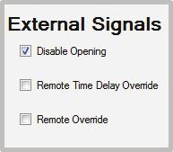 Select External Signals (Alarm Box required - P/N 2789NC): By placing a check mark in the desired option, select either Disable Opening, Remote Time Delay Override, or Remote Override. (Figure 7).