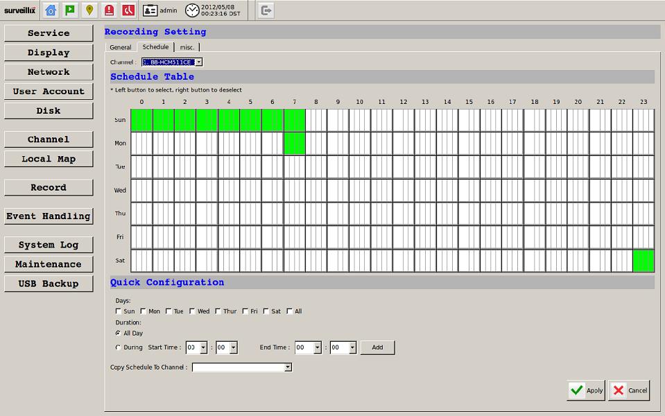 ESV16 User s Manual 203 Schedule Recording In the "Schedule" page, you are able to configure the NVR to recording during