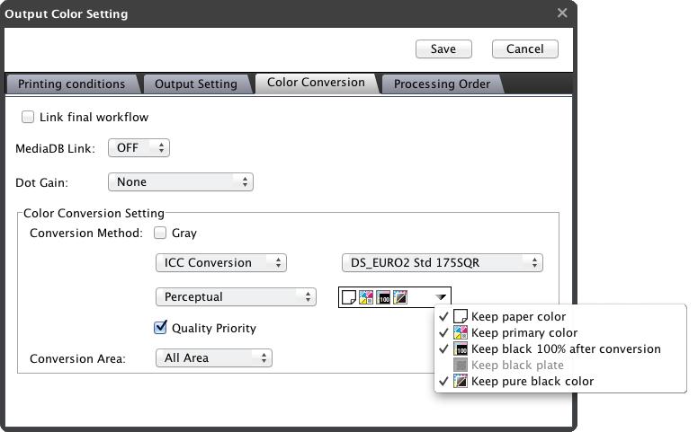 54 Device link profile processing EQUIOS DTP Output Guideline The 16th Edition Output color setting In the output processing, colors are converted for the entire data after the RIP rendering.
