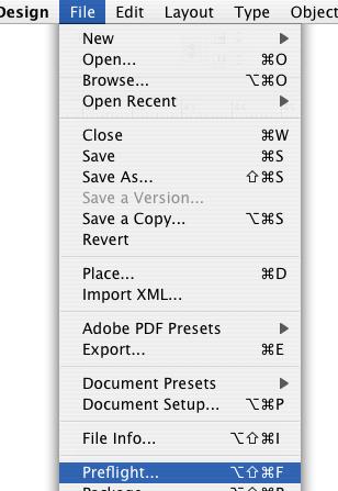 Running PDF/X Creating PDF/X Files in InDesign 59 Preflight in InDesign This section describes InDesignCS2/CS3 preflight. For CS4 or later, to check similar thingss using live preflight function. 1.