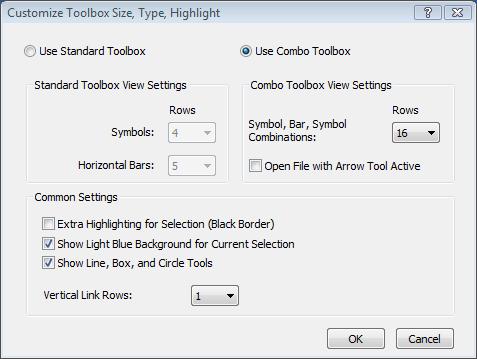 Set Toolbox Size and Type Since the toolbox can take up a significant amount of screen space, you can customize it to remove rows of tools, symbols, and bars that you do not need for the schedule you